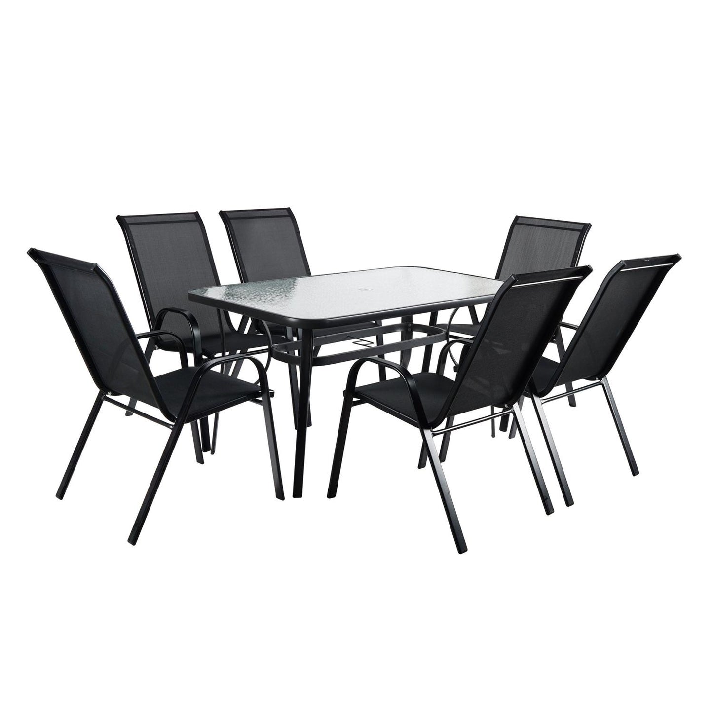 Kara Dining Set, Seating for 6 with Glass Top Table & Black Chairs