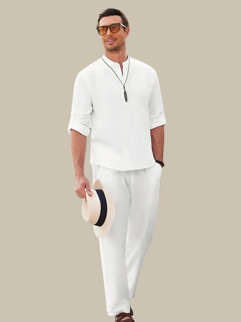 Men's Short Sleeve Button Shirt with Elastic Waist Shorts and Breathable Polyester, Machine Washable