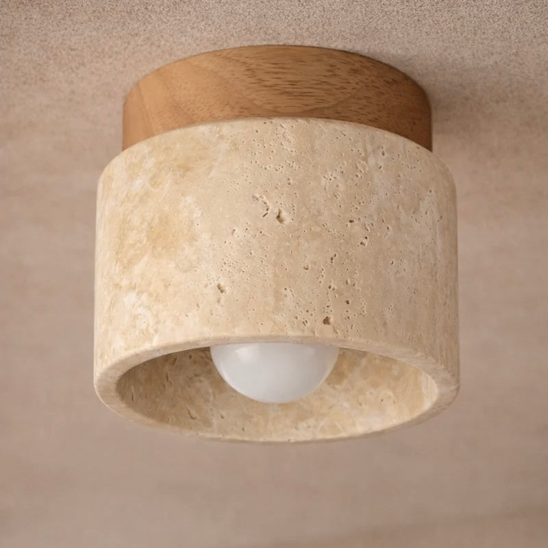 Travertine Stone Ceiling Light with Wood Accent