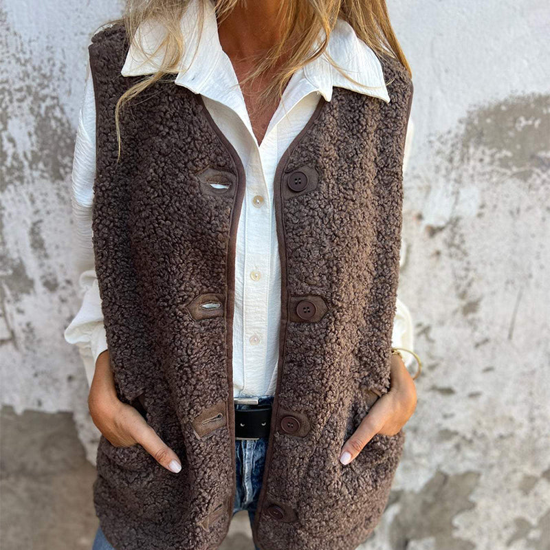 Women's Wool Blend Winter Vest with Button Front – Brown