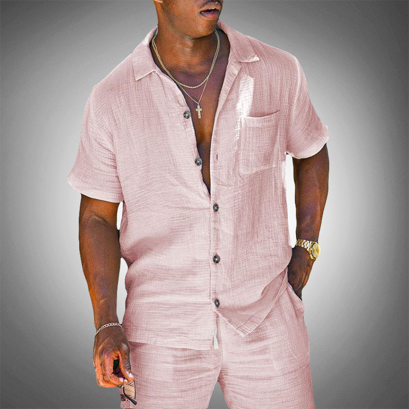 Men's Linen Shirt and Trousers Set with Breathable Knit Weave