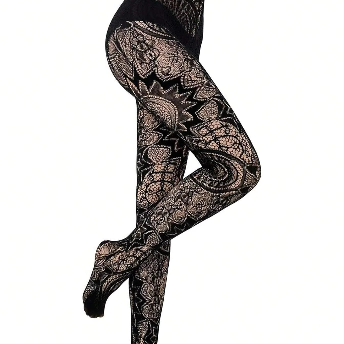 Women’s Lace Fishnet Stockings with Gothic Pattern Design