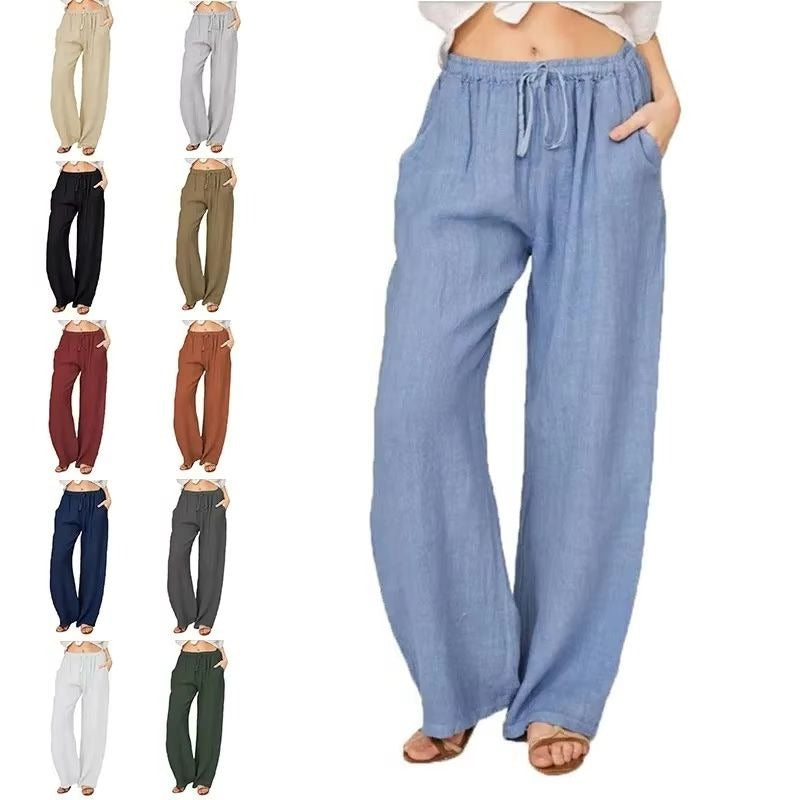 Women's Cotton Linen Wide Leg Trousers with Elastic Waist and Pockets