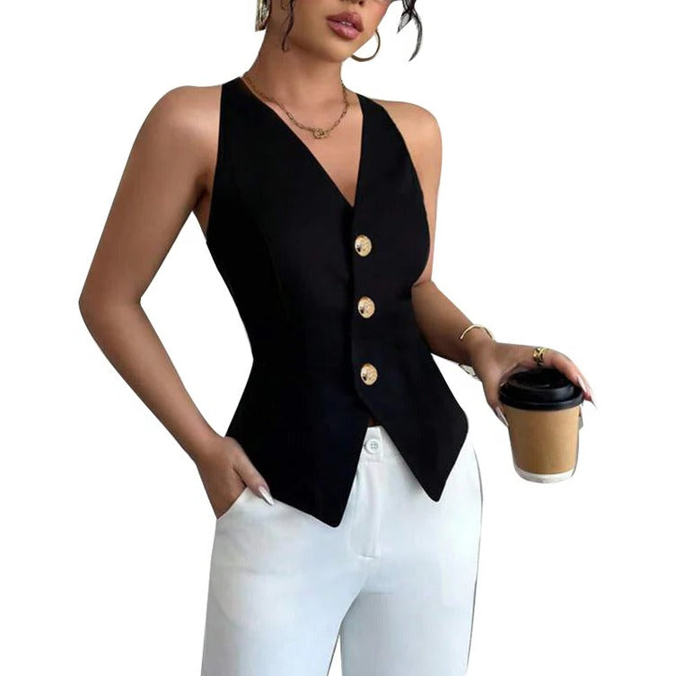 Women's Sleeveless Blazer Vest with Tailored Fit and Button Closure