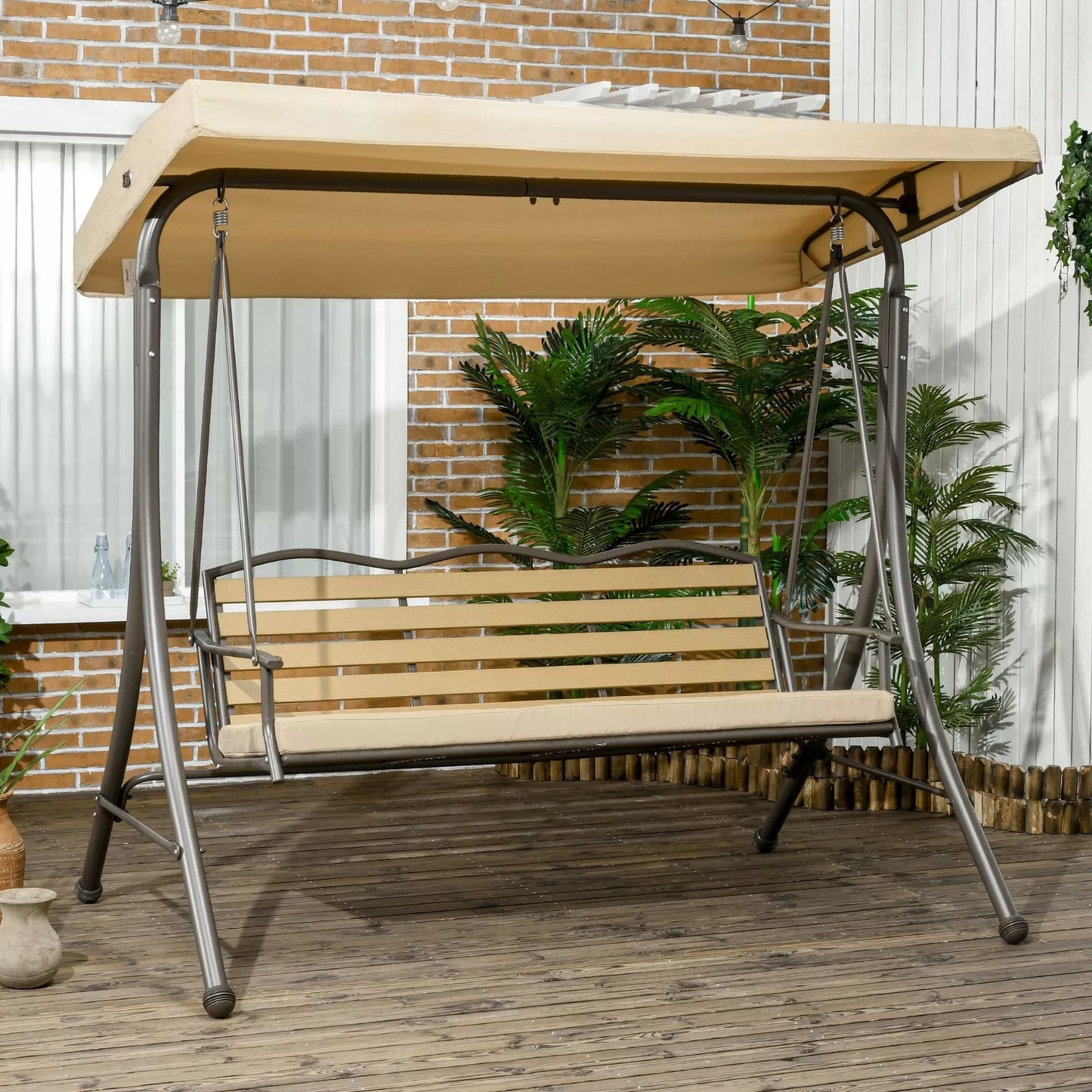 Trio Porch Swing for 3 persons, Cushioned Outdoor Swing - Beige