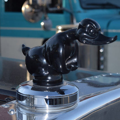 Chrome Duck Radiator Emblem with Integrated Mounting Pins and Silver Black Finish