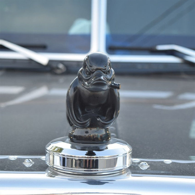 Chrome Duck Radiator Emblem with Integrated Mounting Pins and Silver Black Finish