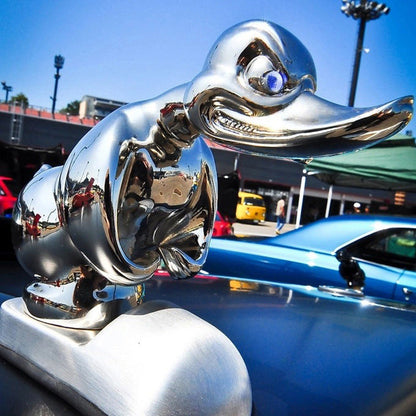 Chrome Duck Radiator Emblem with Integrated Mounting Pins and Silver Black Finish