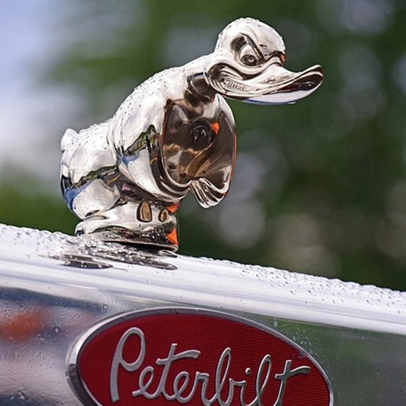 Chrome Duck Radiator Emblem with Integrated Mounting Pins and Silver Black Finish