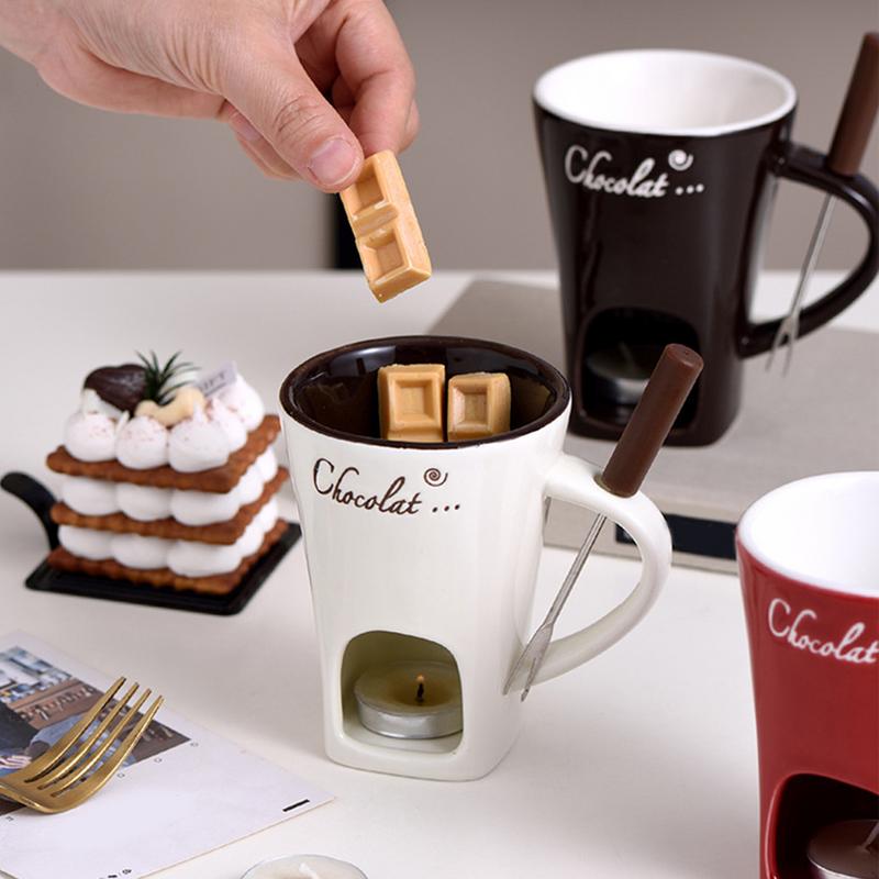 Ceramic Fondue Cup with Stainless Steel Fork and Wax Candle