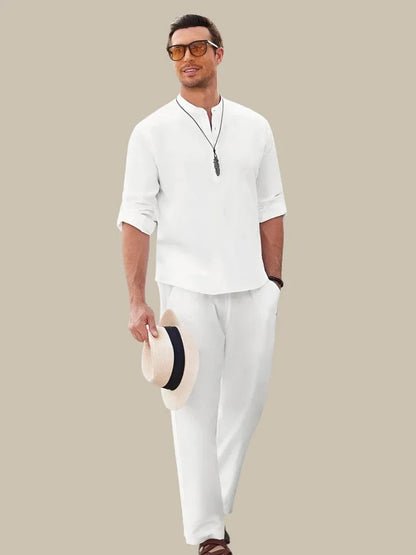 Men's Short Sleeve Button Shirt with Elastic Waist Shorts and Breathable Polyester, Machine Washable