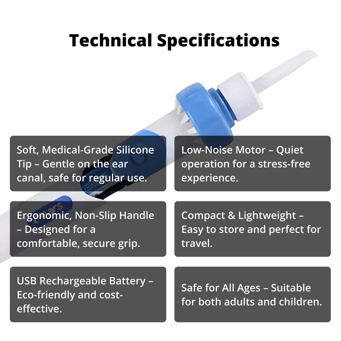 Electric Ear Wax Removal Tool with Medical Grade Silicone Tip and 60 Minute Battery