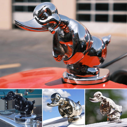 Chrome Duck Radiator Emblem with Integrated Mounting Pins and Silver Black Finish