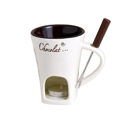 Ceramic Fondue Cup with Stainless Steel Fork and Wax Candle