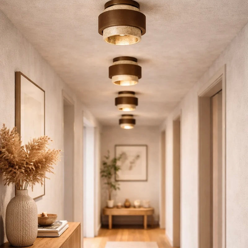 Travertine and Wood Ceiling Light Compact Double Diffusion