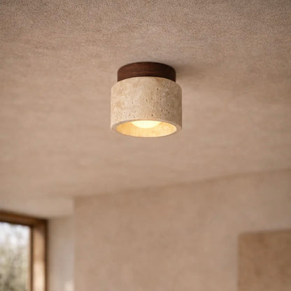 Travertine Stone Ceiling Light with Wood Accent