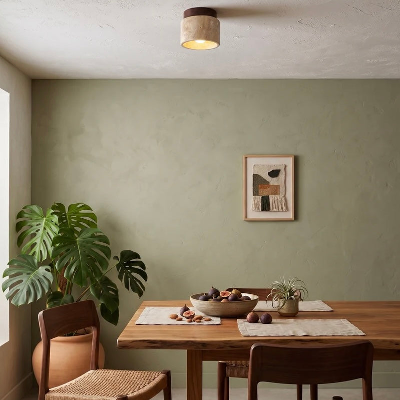 Travertine Stone Ceiling Light with Wood Accent