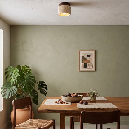 Travertine Stone Ceiling Light with Wood Accent