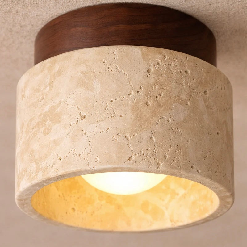 Travertine Stone Ceiling Light with Wood Accent