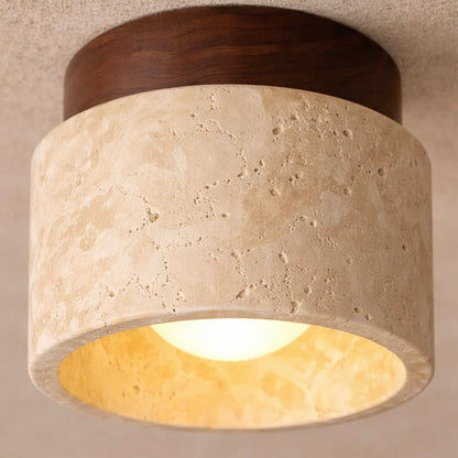 Travertine Stone Ceiling Light with Wood Accent