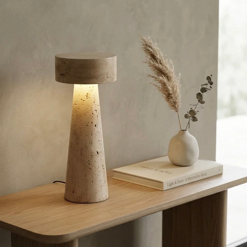 Travertine table lamp with integrated LED light