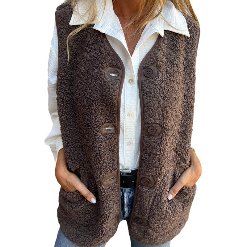 Women's Wool Blend Winter Vest with Button Front – Brown