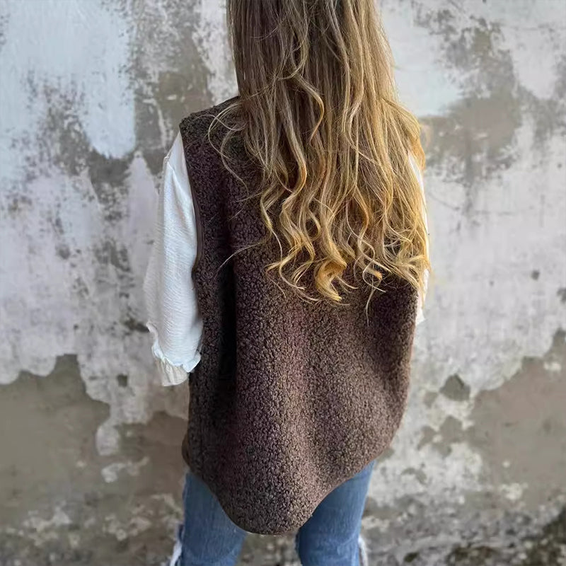 Women's Wool Blend Winter Vest with Button Front – Brown