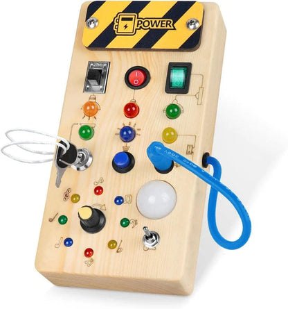 Busy Board Montessori Toy, Wooden Sensory Activity Board with LED Lights