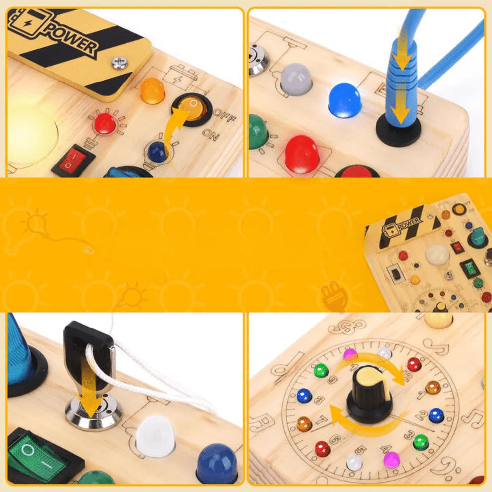 Busy Board Montessori Toy, Wooden Sensory Activity Board with LED Lights
