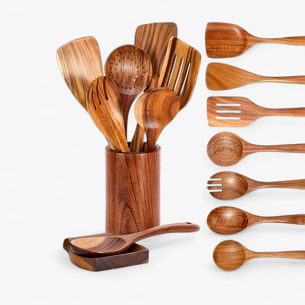 Teak Wood Kitchen Utensil Set, 9 Piece Cooking Tools with Holder