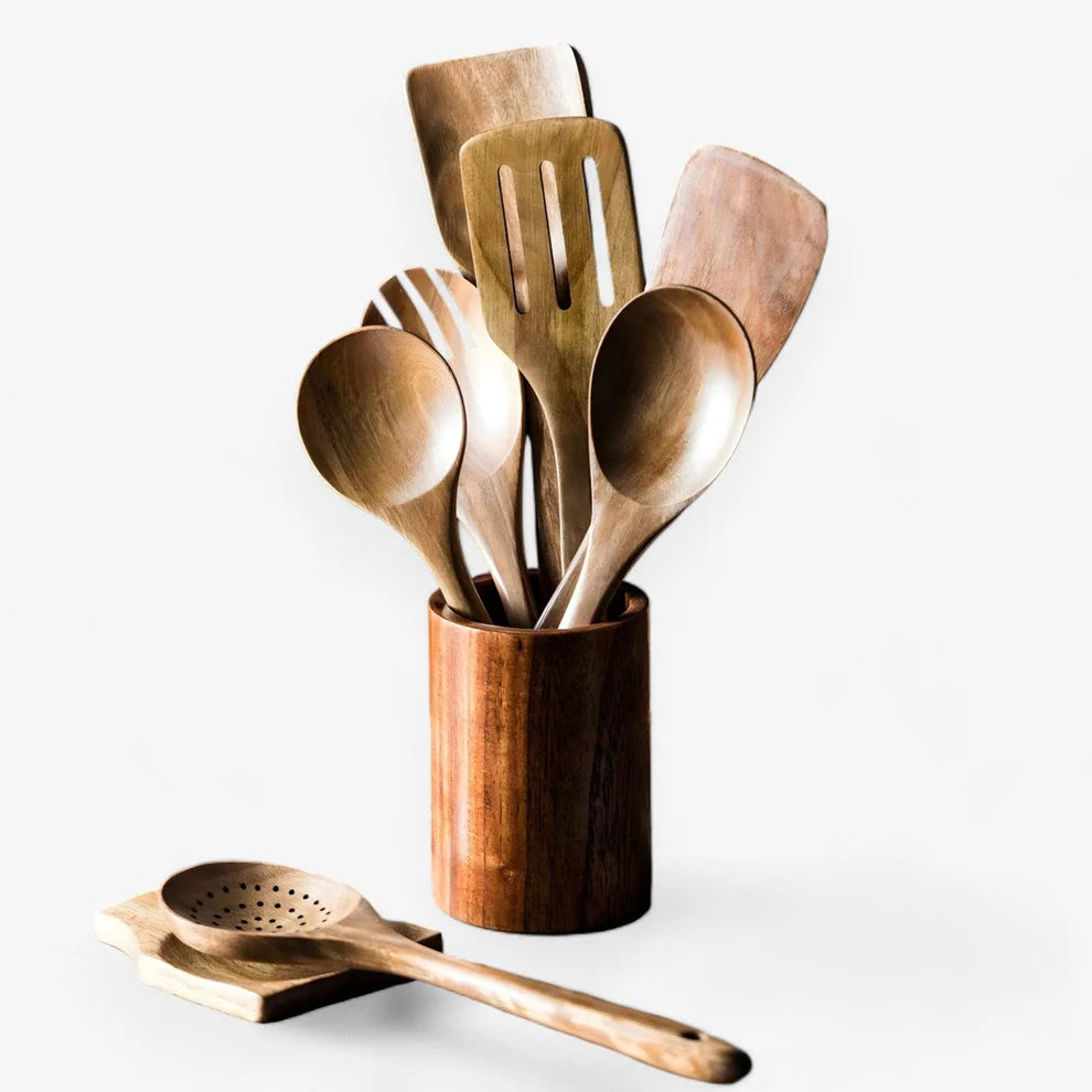 Teak Wood Kitchen Utensil Set, 9 Piece Cooking Tools with Holder