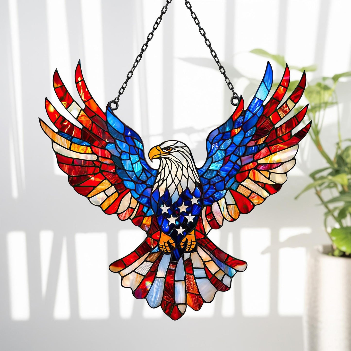 Patriotic Eagle Stained Glass Panel with Metal Hanging Chain