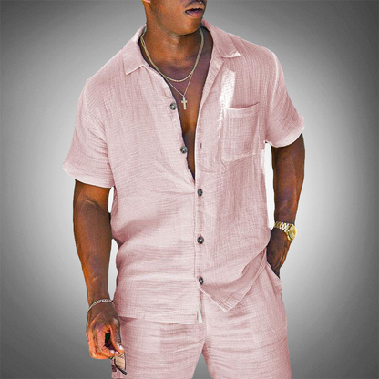 Men's Linen Shirt and Trousers Set with Breathable Knit Weave