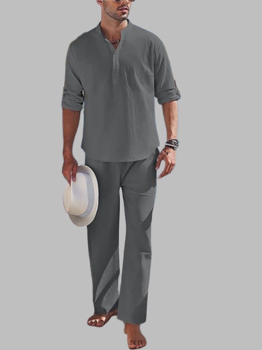 Men's Short Sleeve Button Shirt with Elastic Waist Shorts and Breathable Polyester, Machine Washable