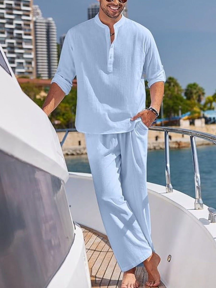 Men's Short Sleeve Button Shirt with Elastic Waist Shorts and Breathable Polyester, Machine Washable