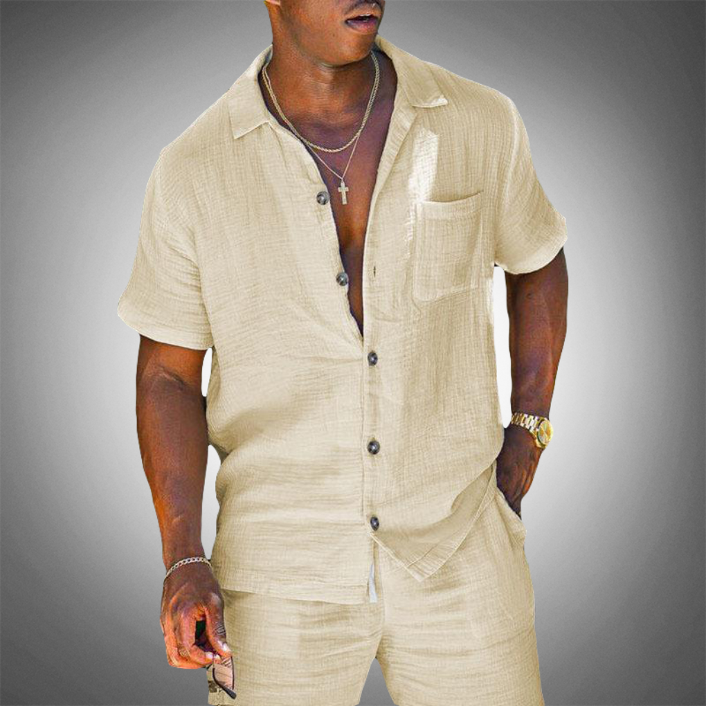 Men's Linen Shirt and Trousers Set with Breathable Knit Weave