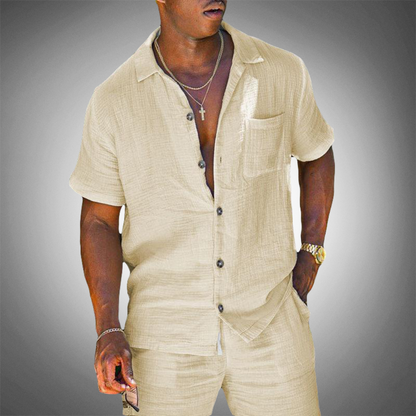 Men's Linen Shirt and Trousers Set with Breathable Knit Weave