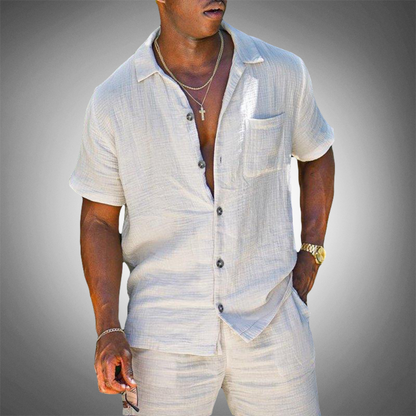 Men's Linen Shirt and Trousers Set with Breathable Knit Weave