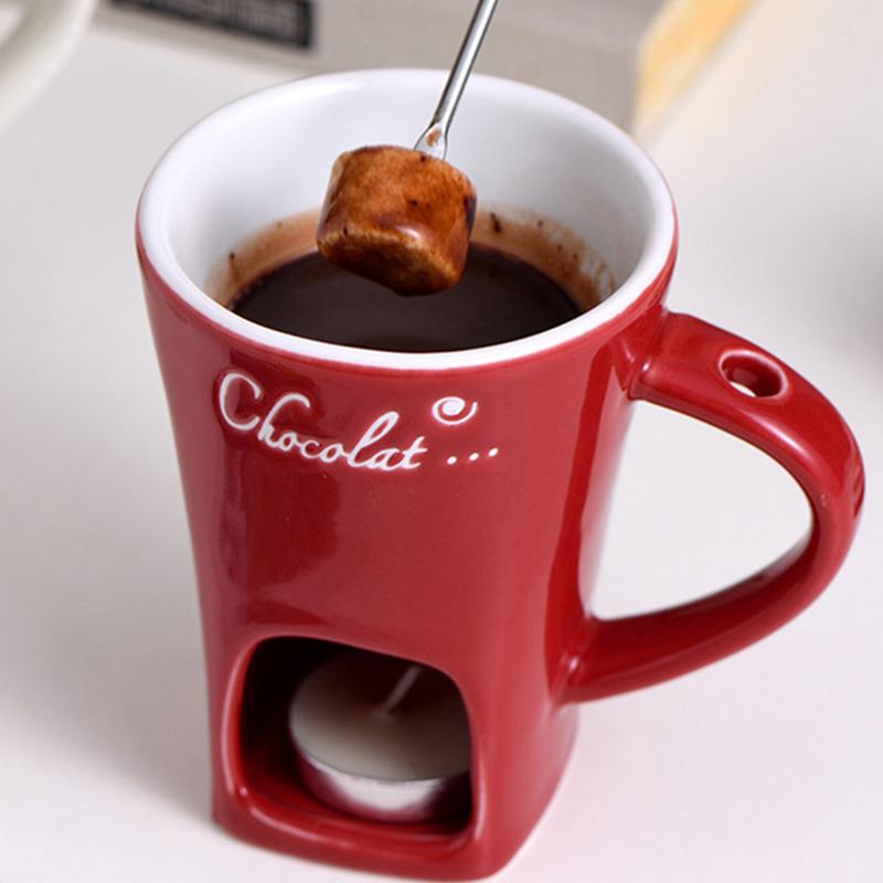 Ceramic Fondue Cup with Stainless Steel Fork and Wax Candle