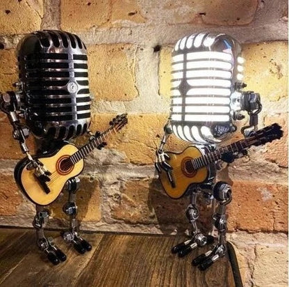 Retro Industrial Metal Robot Lamp With Vintage Microphone Head
