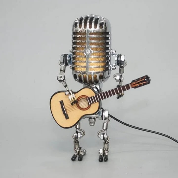 Retro Industrial Metal Robot Lamp With Vintage Microphone Head