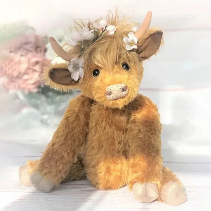Handmade Highland Cow Plush Toy – Floral Headpiece Design
