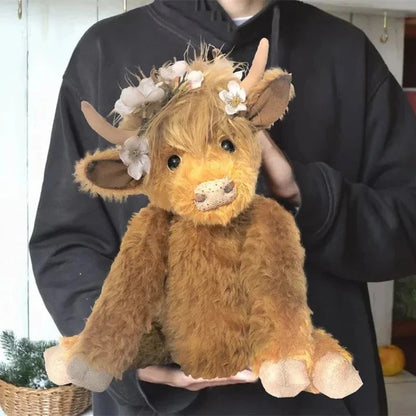 Handmade Highland Cow Plush Toy – Floral Headpiece Design