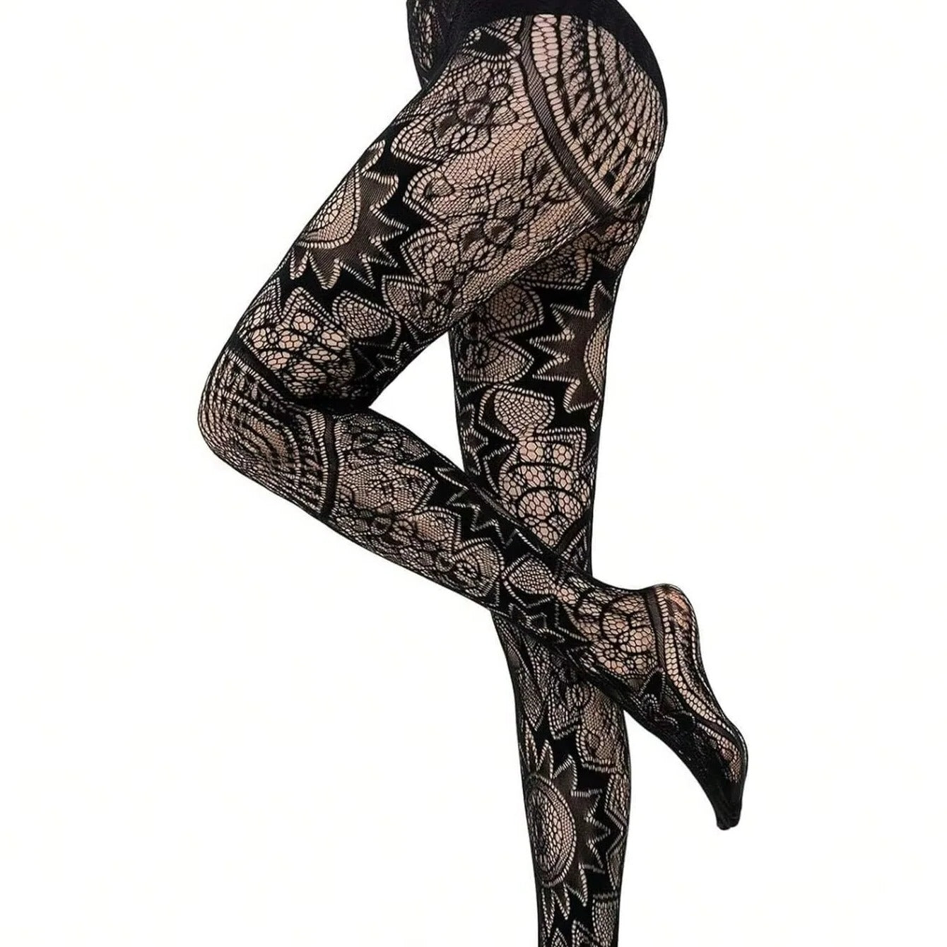 Women’s Lace Fishnet Stockings with Gothic Pattern Design