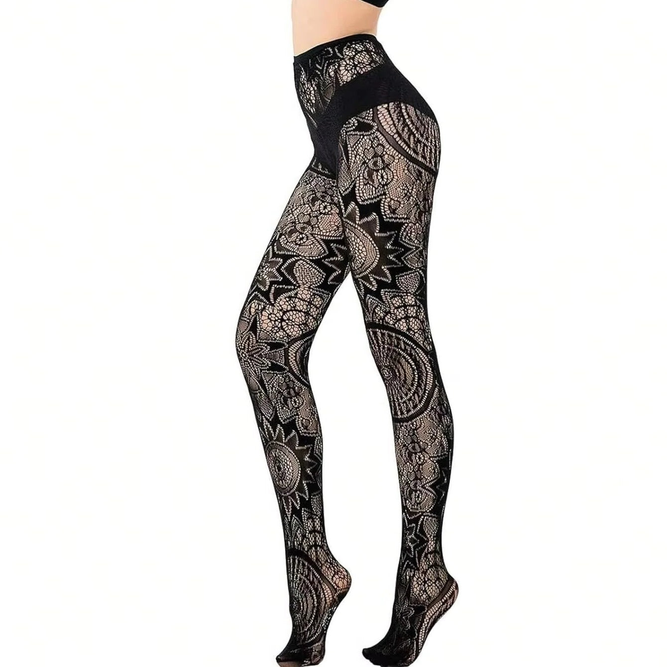 Women’s Lace Fishnet Stockings with Gothic Pattern Design