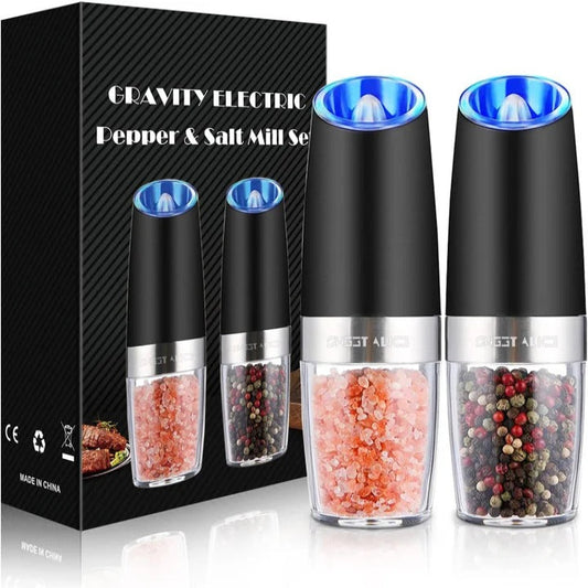 Electric Gravity Salt and Pepper Grinder Set with LED Light, Set of 2