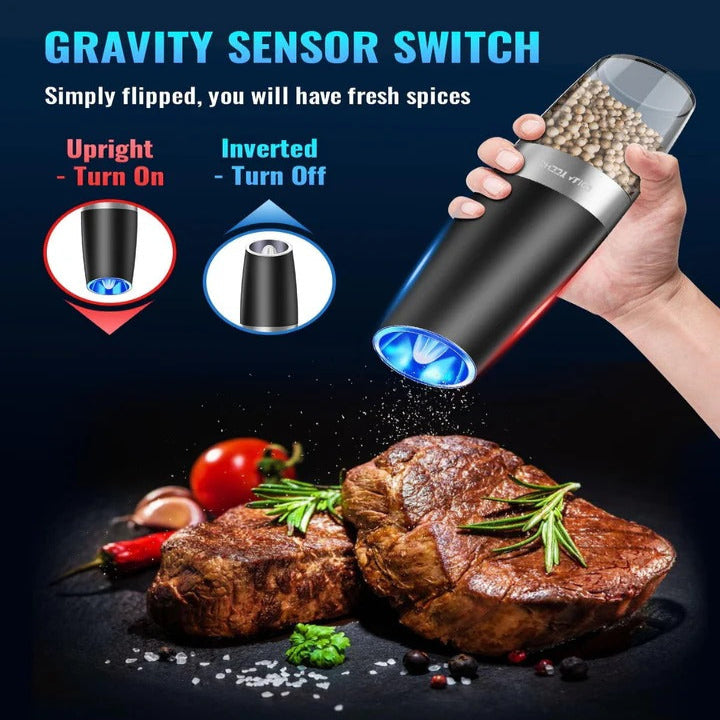Electric Gravity Salt and Pepper Grinder Set with LED Light, Set of 2