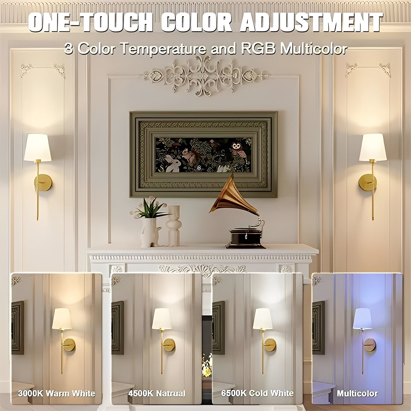 Wireless Wall Lights with Adjustable Color and Brightness, Set of 2