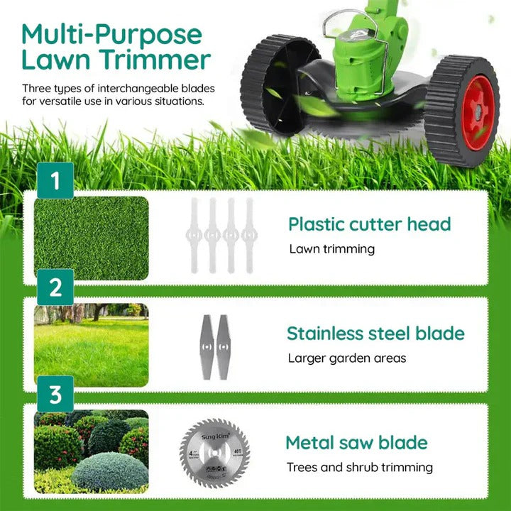 Electric Cordless Grass Trimmer with Adjustable Handle and Blades