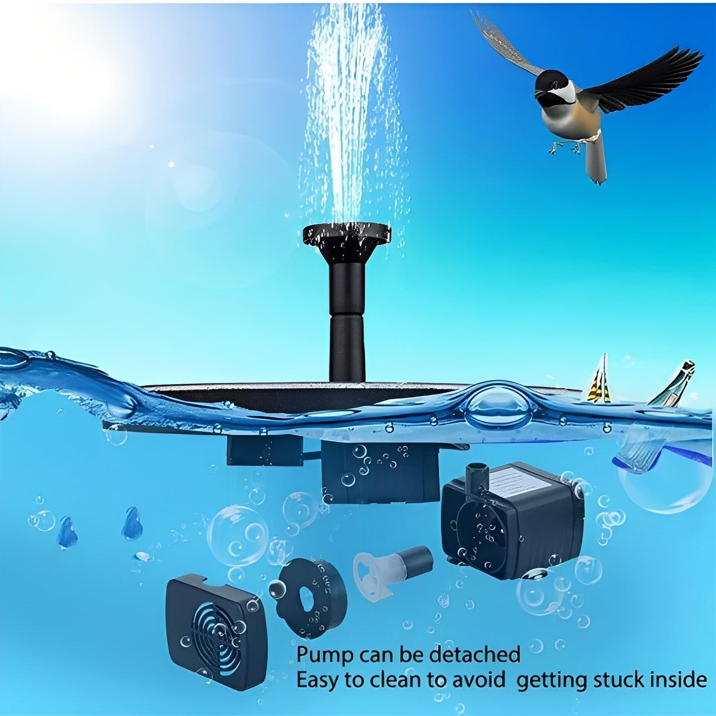 Floating Solar Fountain Pump with Multiple Spray Heads for Birdbaths and Ponds
